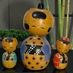 Set 3 Vintage Japanese Nodder KOKESHI Dolls Bobble Head Hand Carved & Painted